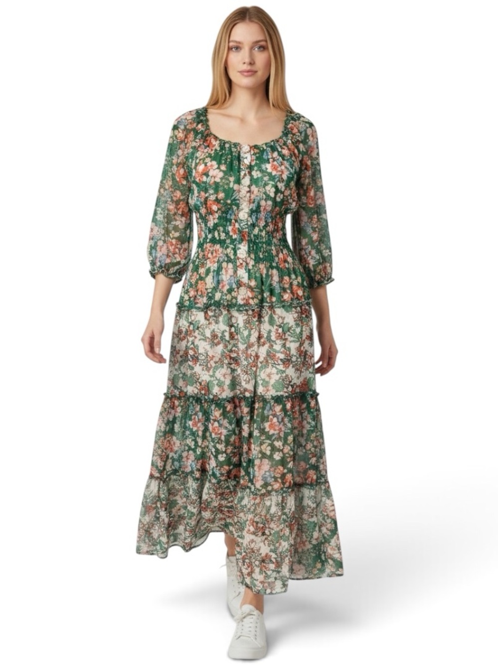 ANTHROPOLOGIE Fig & Flower Green Floral Tiered Dress